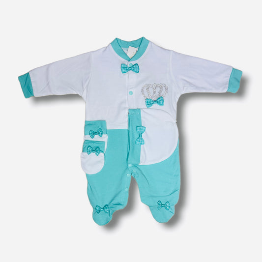 White & Sea Green Crown Romper Cap & Mitten Set